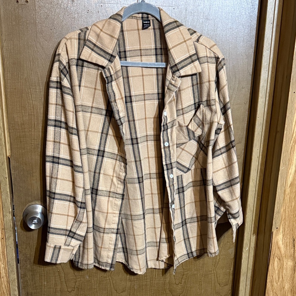 SHEIN Plaid Button-Up Hoodie - Tan and Black